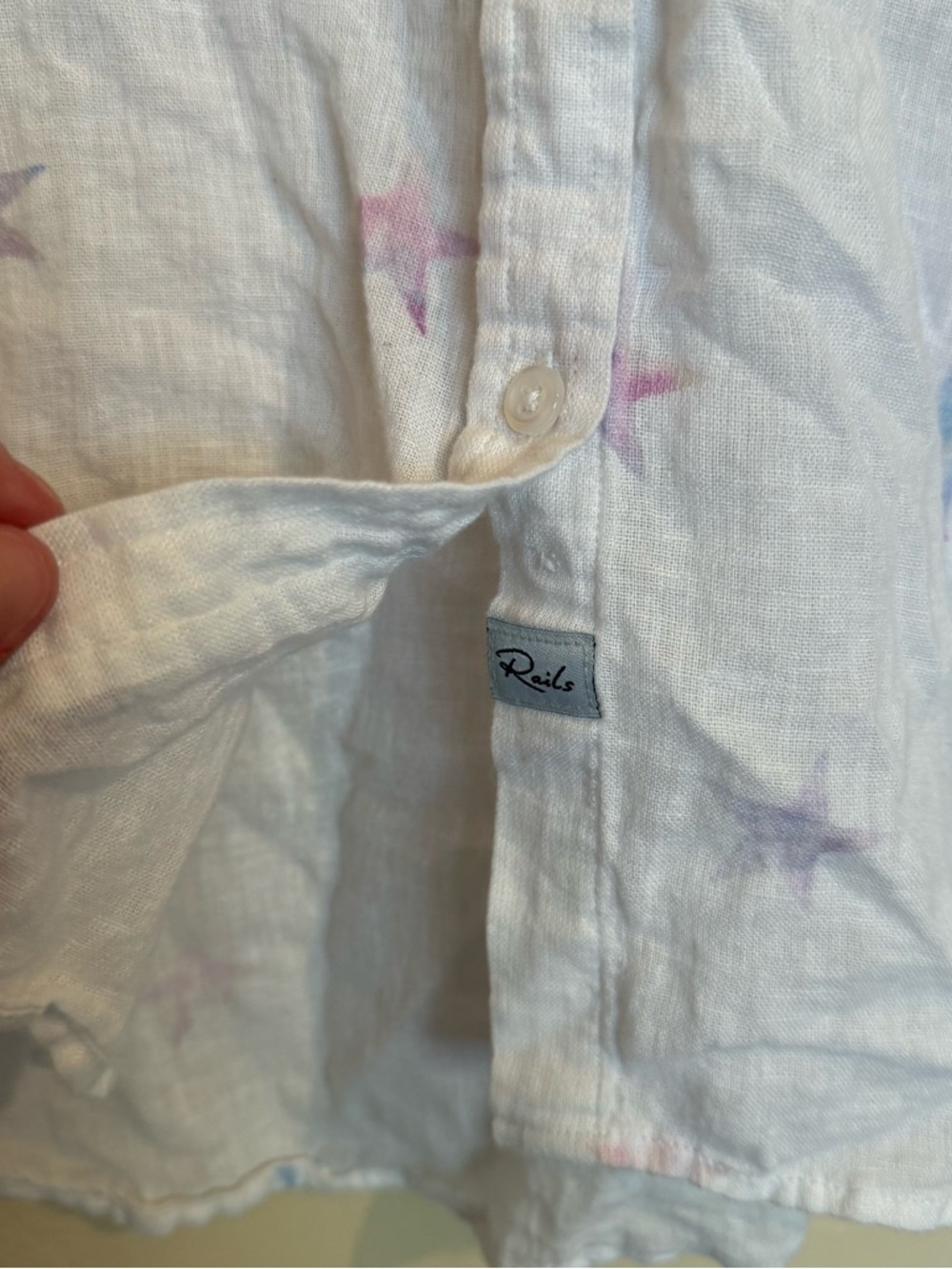 Rails White Linen Blend Charli Button-Down Shirt with Pastel Star Print Size L - Picture 3 of 6